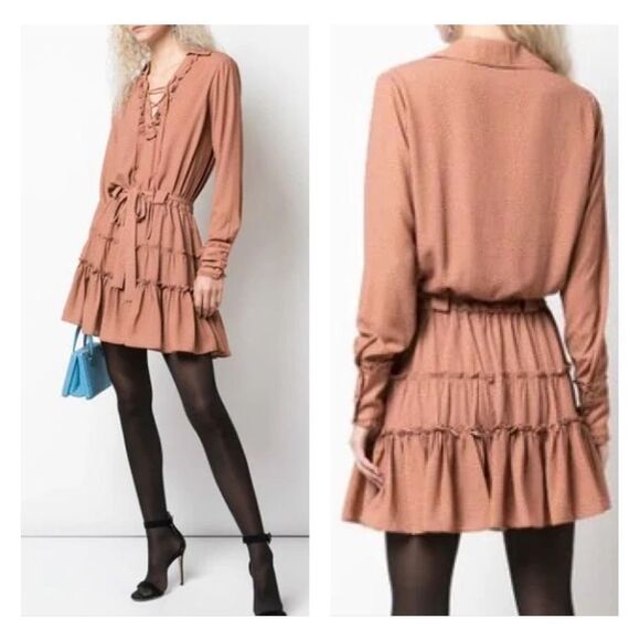 Alexis Dresses & Skirts - Alexis rozalyn tan spotted long sleeve lace up mini dress size small